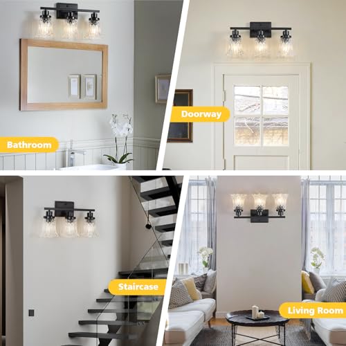Image of JOPESO Bathroom Light Fixtures,Matte Black 3-Light Bathroom Lights Over Mirror with Glass Shade,Bathroom Wall Sconce Lamp for Mirror Living Room Bedroom Hallway (Black, 3-Light)