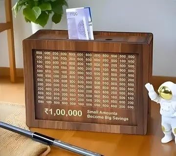 ₹1,00,000 Wooden Money Bank | Target Saving Box with Lock & Key | Wooden Cash & Coin Saving Bank for Kids & Adults_46