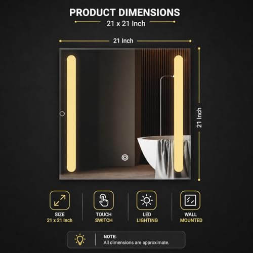 Image of LED Bathroom Wall Mirror with Decorative 3 Light Design | Touch Sensor | Warm | Natural and Cool White | for Wash Basin | Bedroom | Dressing Area Decoration (Square, 21x21)