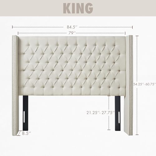 Madison Park Amelia Upholstered Headboard | Nail Head Trim Wingback Button Tufted | King, Cream by Madison Park - Image 4