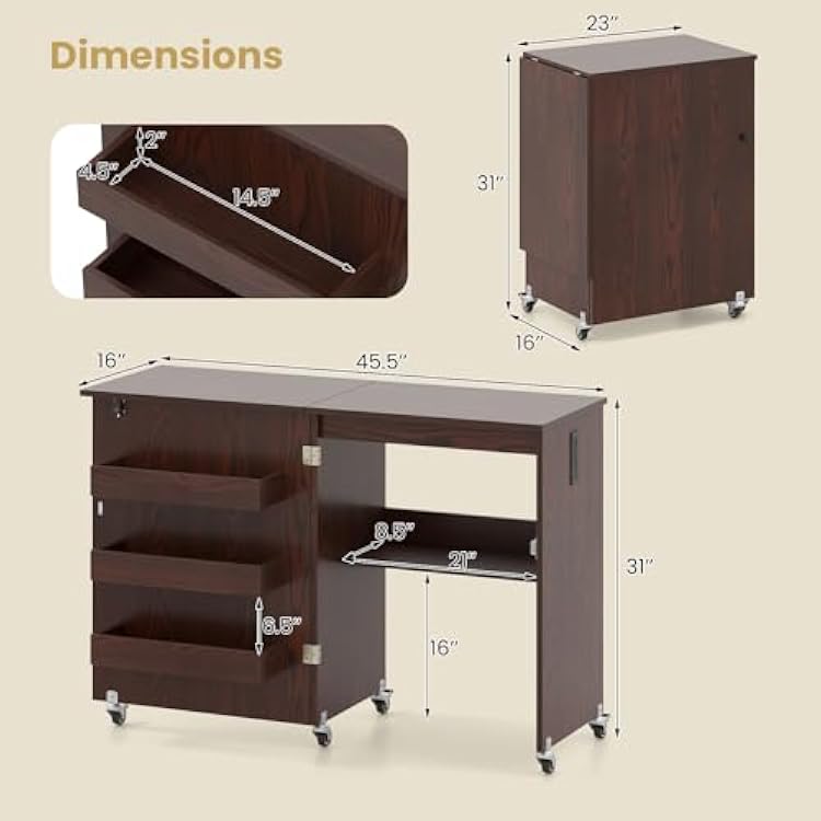 Giantex Folding Sewing Table with Charging Station, Rolling Craft Table with Storage Trays & Shelf, Foldable Sewing Machine Cabinet Desk with Lockable Wheels for Small Spaces (Dark Walnut)