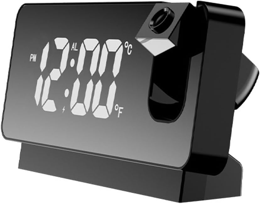 Led Projection Alarm Clock, Digital Calendar with 180° Rotatable Projector, Temperature Hygrometer with Red Light Projection, Dual Alarm Clocks, Snooze, Portable Mirror F
