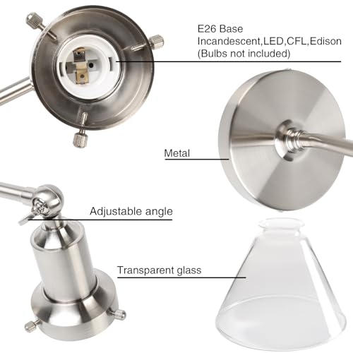 Image of PERMO Industrial Vintage Slope Pole Wall Mount Single Sconce with Funnel Flared Clear Glass Shade Brushed Wall Sconce Light Lamp Fixture