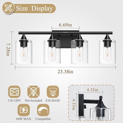 Image of 4-Light Bathroom Light Fixtures,Black Bathroom Vanity Light,Bathroom Lights Over Mirror with Clear Glass Shade,Modern Sconce Wall Lighting for Mirror Bedroom Vanity Hallway