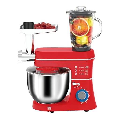 Batidora para Amasar 5-en-1 con Tazón de Acero Inoxidable de 10L y Ajuste de 6 Velocidades Perfecta para Panadería, Repostería y Moler Carne(Red)