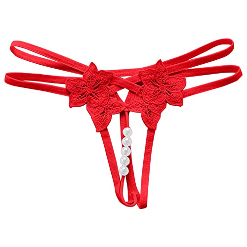 Image of String Thongs for Women Womens Floral Lace Thong Panties Low Waist No Show Bow T Back Adjustable Ladies Underwear (Red, One Size)