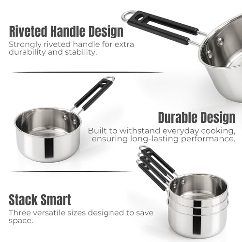 Image of Kraft Stainless Steel Saucepan Combo Set of 3-1, 1.4 and 1.8 Litre, Durable and Versatile Sauce Pan for Tea, Riveted Sturdy Bakelite Handle, Induction & Gas Base, for Chai, Milk, Soup, Egg