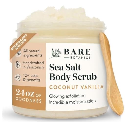 Bare Botanics Natural Body Scrub (Coconut Vanilla) – Gentle Exfoliator & Super Moisturizer | Includes a Wooden Spoon | No Synthetic Fragrances, No Nut Oils, Ready to Gift | Net Weight 24oz
