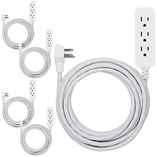 GE Pro 3-Outlet Power Strip with Surge Protection, 5 Pack, 15 Ft Designer Braided Extension Cord, Grounded, Flat Plug, 250 Joules, Warranty, UL Listed, Gray/White, 53263