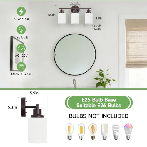Image of 3-Light Bathroom Light Fixtures, Vanity Lights for Mirror with Textured Milky White Glass Shade, Modern Kitchen Light Fixtures Wall Sconce Light - E26 Base - Oil-Rubbed Bronze