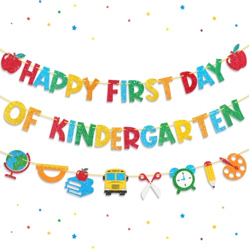 Hekocap First Day of Kindergarten Decorations Pre-Strung Happy First Day of Kindergarten Banner for Home Classroom (3pcs)