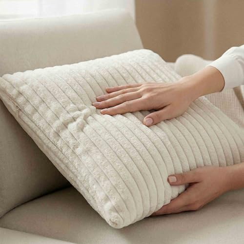 Image of Yellow Weaves Pencil-Stripe Fur Cushion Covers | Soft Polyester | Decorative Sofa & Throw Pillow Covers | 16x16 Inches, Pack of 5 (Ivory)