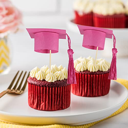 Gyufise 24Pcs 2024 Graduation Cap Cupcake Toppers with Pink Tassel DIY 2024 Congrats Grad Cupcake Picks Graduation Cap 2024 Graduation Cupcake Picks for Graduation Theme Party Supplies Pink - Thumbnail 7