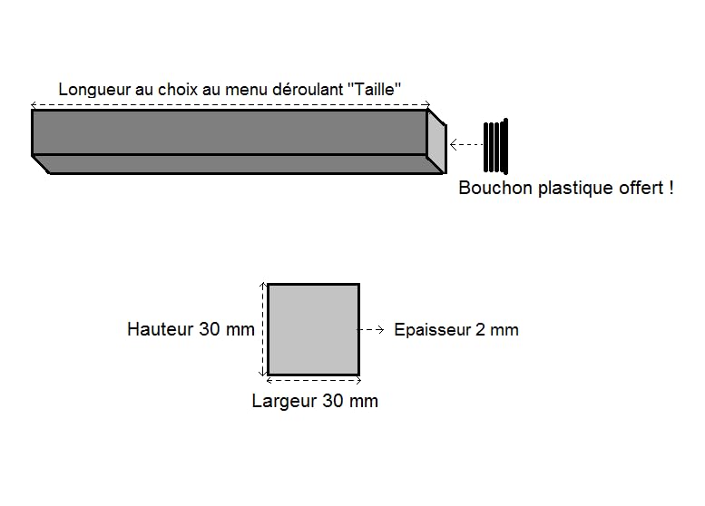 LeMétal – Tube carré acier galvanisé 30x30x2 mm (230 cms) - Longueur au choix de 100 à 300 cms - Bouchon plastique offert !