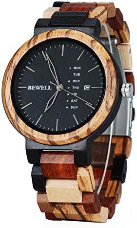 BEWELL Men Colorful Wood Watches Multifunction Week & Date Quartz Mix Wooden Wrist Watch Lightweight