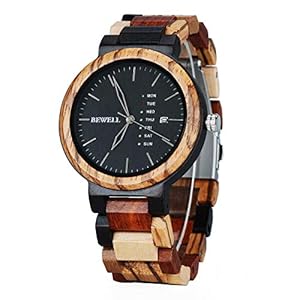 BEWELL Men Colorful Wood Watches Multifunction Week & Date Quartz Mix Wooden Wrist Watch Lightweight