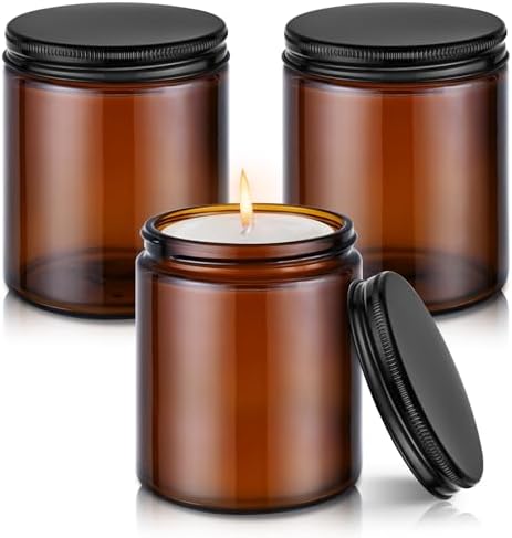 Tecohouse 8oz Amber Glass Jars with Metal Lids, 3 Pack Candle Jar...