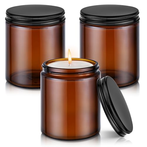Tecohouse 8oz Amber Glass Jars with Metal Lids, 3 Pack Candle Jars with Blank Labels, 250g Wide Mouth | Lotion Container for Sample, Cream, Lotion, Honey, Powder, Jelly | Home & Beauty