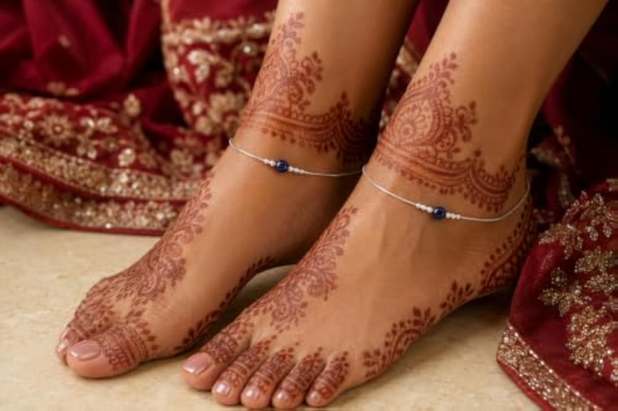 Women's 925 Silver Navy Blue Round Bead Minimalist Anklet, Pack of 2