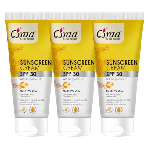 Image of Qraa Sunscreen - SPF 30 PA++++ Sunscreen Cream SPF 30|Helps Remove Tan|Helps in Sun Burn| Pack of 3 (300gm, 3)