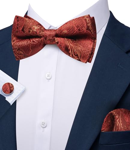 Image of YOHOWA Paisley Striped Men Bow Tie Pre-Tied Formal Adjustable Colorful Bowties Handkerchief Cufflinks Set Wedding Party
