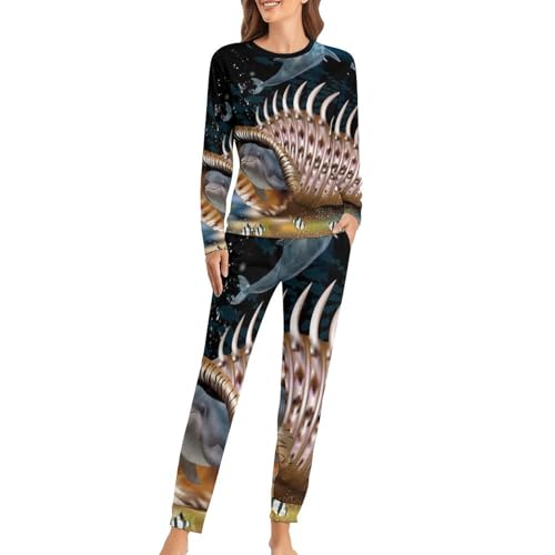 Pyjama femme Poisson Dauphin fini les nuits fraîches avec ce t-shirt longues manches