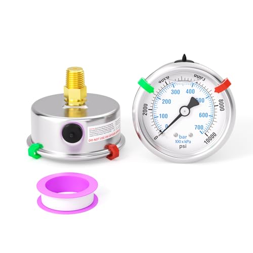 Image of 0-10000PSI Stainless Steel Liquid Filled Pressure Gauge, 2.5 inch Dial Size, 1 /4 inch NPT Back Mount, for Tube, Water Pump, Gas, Liquid, Pressure Test (with Range Mark Pointer)