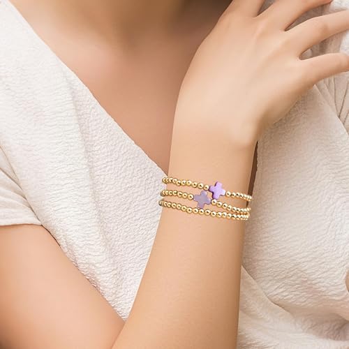 Rainbow Mom Cross Stack Bracelets Set for Women, 3Pcs Handmade Gold Beaded Stretch Bracelet Everyday Fashion Jewelry Gift.2