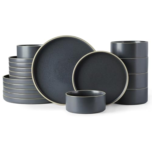 LeRatio Geschirrset für 6 Personen, 18-tlg Steingut Geschirr Set, Keramik Kratzfestes- Schüssel- und Teller-Set (Anthrazit Grau-Weiß Rand mit Sprenkeln, 18 Teile Set) LeRatio Geschirrset für 6 Personen, 18-tlg Steingut Geschirr Set, Keramik Kratzfestes- Schüssel- und Teller-Set (Anthrazit Grau-Weiß Rand mit Sprenkeln, 18 Teile Set)
