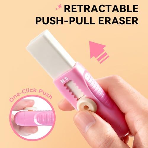 Image of M&G 1+1 Pack Pink Sliding Retractable Cute Eraser Set, Refillable Soft Large Rubber Eraser with Sleeve for Kids Students School Office Supplies