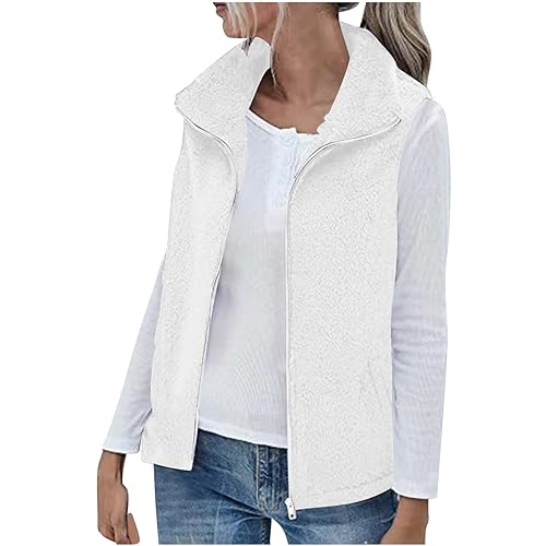 Teddy Fleece Gilet For Women UK Ladies Lightweight Fleece Jackets Full Zip Sleeveless Turn Down Waistcoat Plain Casual Double Fleece Coats Outwear Body Warmer Vest Gilet or Spring & Fall White M