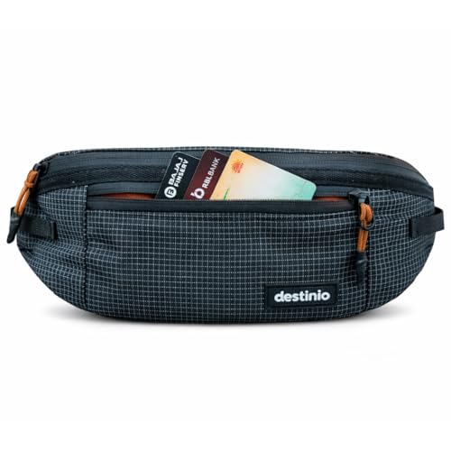 Image of Destinio Waist Bag for Men & Women | Travel Fanny Pack Pouch with Waterproof Zippers & Back Pocket | Anti-Theft Design, Key Holder, Adjustable Strap | Hip Bag for Hiking, Gym, Passport (Orange Zipper)