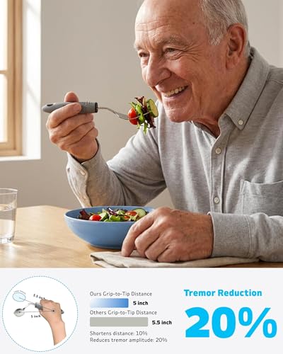 4-Piece Adaptive Utensils Set with Rocker Knife & Shovel Spoon - 42° Angled Parkinsons Utensils, 2.5 oz Weighted Silverware for Hand Tremors and Arthritis, Adaptive Eating Utensils (Grey Right-handed) - Image 5