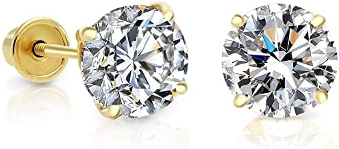 14k Yellow Gold Cubic Zirconia Solitaire Studs CZ Screw Back Earrings for Women (6mm)
