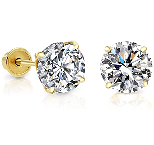 14k Yellow Gold Solitaire Round Cubic Zirconia Studs in Secure Screw-backs | Solid 14-Karat Gold CZ Earrings for Women (6mm, Yellow Gold)