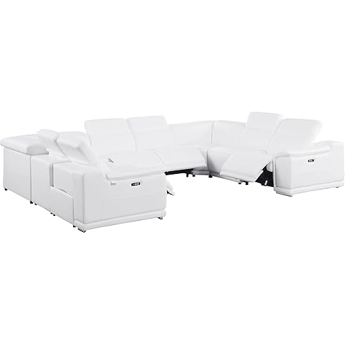 BlackJack Furniture Venice 8-Piece Top Grain Italian Leather Sectional Reclining Sofa Set with 4 Power Recliners, Adjustable Headrests, USB and Wireless Phone Charger, White