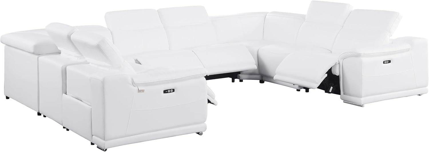 BlackJack Furniture Venice 8-Piece Top Grain Italian Leather Sectional Reclining Sofa Set with 4 Power Recliners, Adjustable Headrests, USB and Wireless Phone Charger, White
