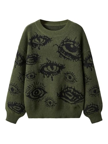 Women's Grunge Punk Eye Print Drop Shoulder Long Sleeve Sweaters Casual Top Loose Knitted Winter Fall Sweater