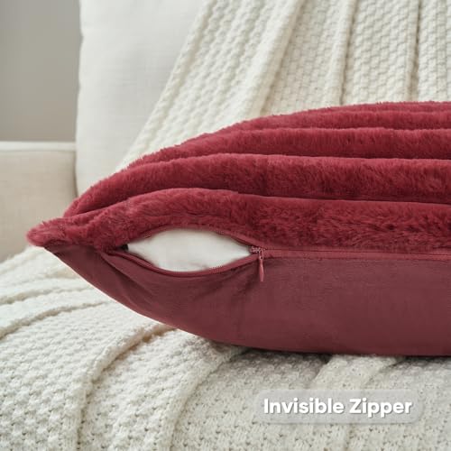 FUTEI Burgundy Striped Decorative Throw Pillow Covers 26x26 Inch Set of 2,Wine Red Square Fall Decorations Couch Euro Pillow Shams,Soft Cozy Faux Rabbit Fur & Velvet Back,Modern Home Decor for Bed