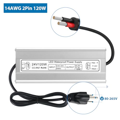 Image of LED Driver 120W 24V Power Supply, IP67 Waterproof Low Voltage Transformer, AC 80-265V to DC 24V 5A Converter with 3-Prong Plug 3.3 Feet Cable for Outdoor LED Lights, Industrial, Computer