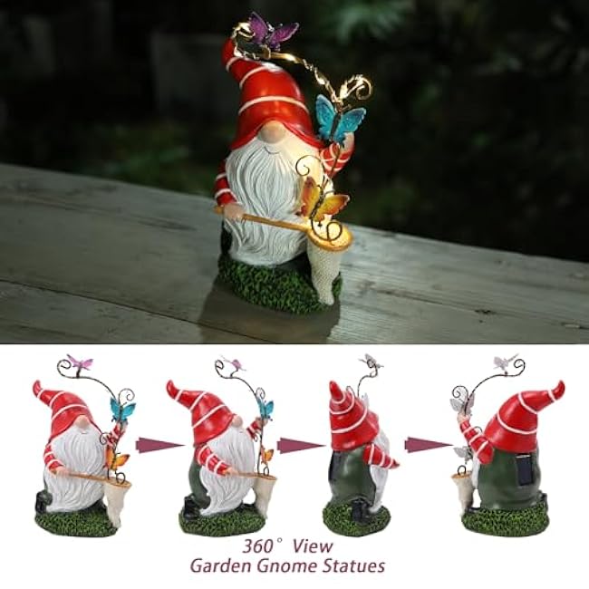 Garden Gnome Statue, Solar Funny Gnomes Figurine Catching Butterflies with LED Lights Waterproof Resin Outdoor Decor for Patio Lawn Yard Home Tabletop Decoration