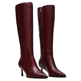 CORNMOOD Burgundy Knee High Boots Women Kitten Heel Tall Leather Boots Stiletto Pointed Toe Gogo Boots Side Zipper Fall Cherry wine Red Dress Boots