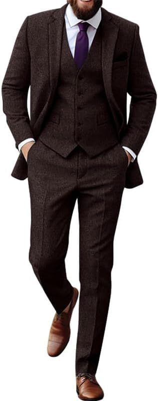 Men Retro Tweed Suit Set 3 Piece Slim Fit Groom Tuxedos Set Prom Notch Lapel Jacket Vest Pants Set