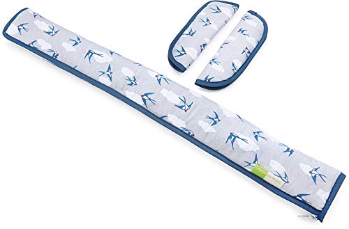 Priebes Käthe Gurtpolster-Set für Buggy Kinderwagen | Universale Gurtpolster und Bügelpolster für alle handelsüblichen Kinderwagen Buggy und Sportwagen | 100% Baumwolle, Design:Schwalben grau