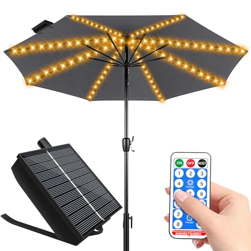 PULIVIA Solar Umbrella Lights Outdoor Waterproof Solar Powered Patio Umbrella Lights Strings with 104 LEDs 8 Lighting Modes Remote Control Warm White
