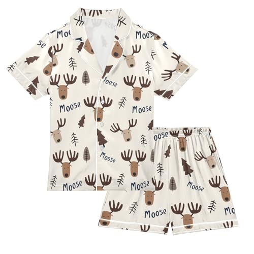 Moose Good Night Summer Satin Pajama Set, Cute Button-Down Sleepwear Pj Set for Sleep Wears