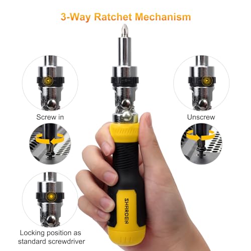Image of SHARDEN 13-in-1 Ratchet Screwdriver Multi Screwdriver Tool All in One | Ratcheting Screwdriver Set with Phillips, Flat Head, Torx, Hex, Square, 180 Degree Pivoting Adjustable Angle Screw Driver