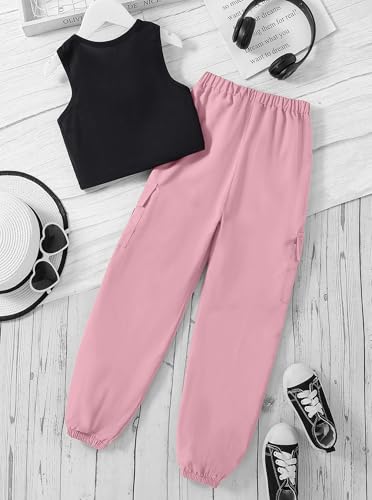Image of Girls 2 Piece Outfit Set for Tween Girls, Sleeveless Crop Tank Top & Cargo Pants Jogger Set