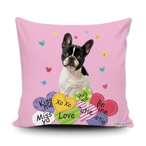 GABSHAIM French Bulldog Dog Pink Hearts Pillow Cover Valentines Day Anniversary Wedding Cushion Case Pillowcase 18X18 Inch Canvas Double Side Style 4