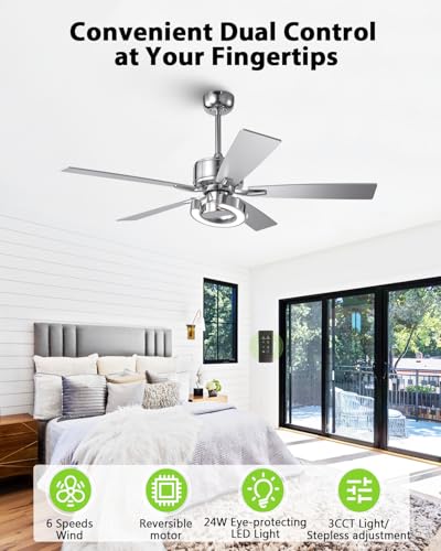 Image of 52 Inch Silver Ceiling Fans with Lights, Creative Modern Ceiling Fan and Remote for Bedroom Living Room with 3CCT, 6 Speeds, Quiet, Dual-Sided Reversible 5 Blades Indoor Outdoor Chandelier Fan